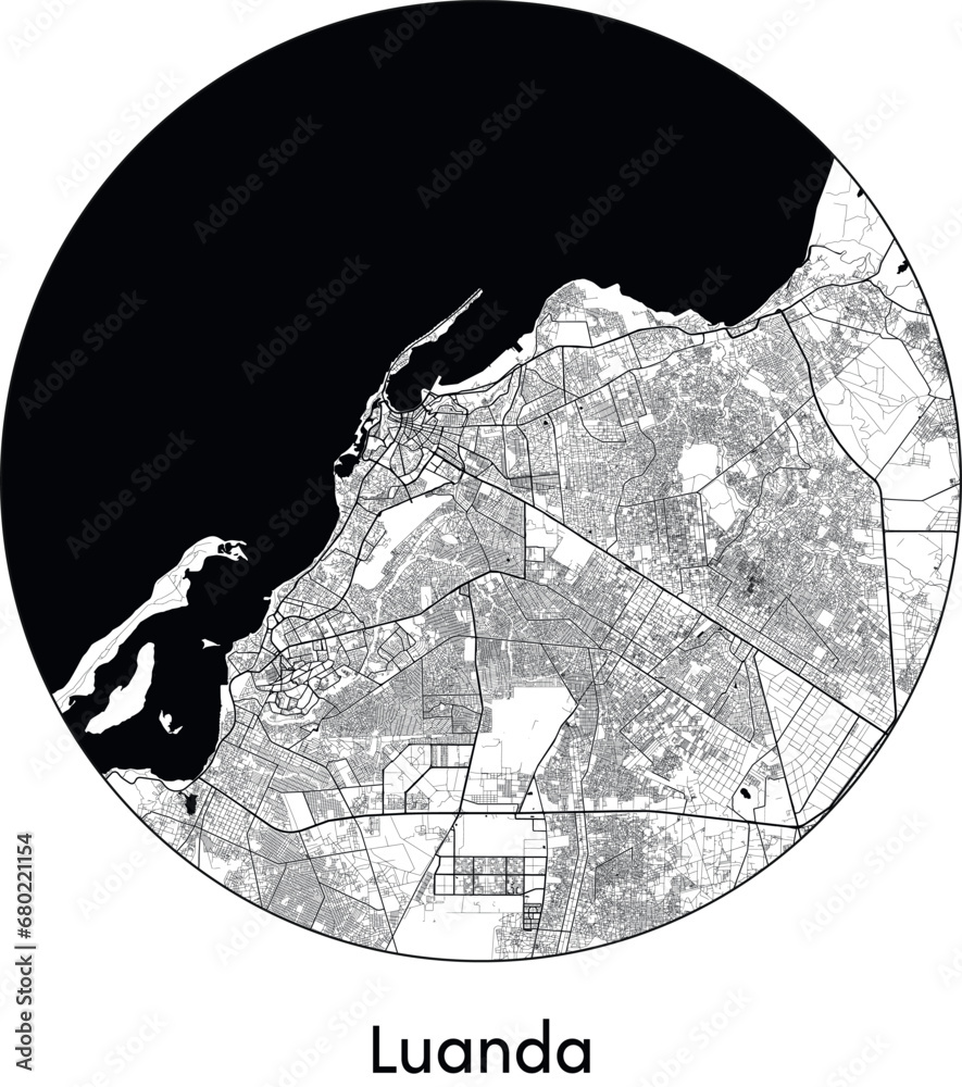 Minimal City Map of Luanda (Angola, Africa) black white vector ...