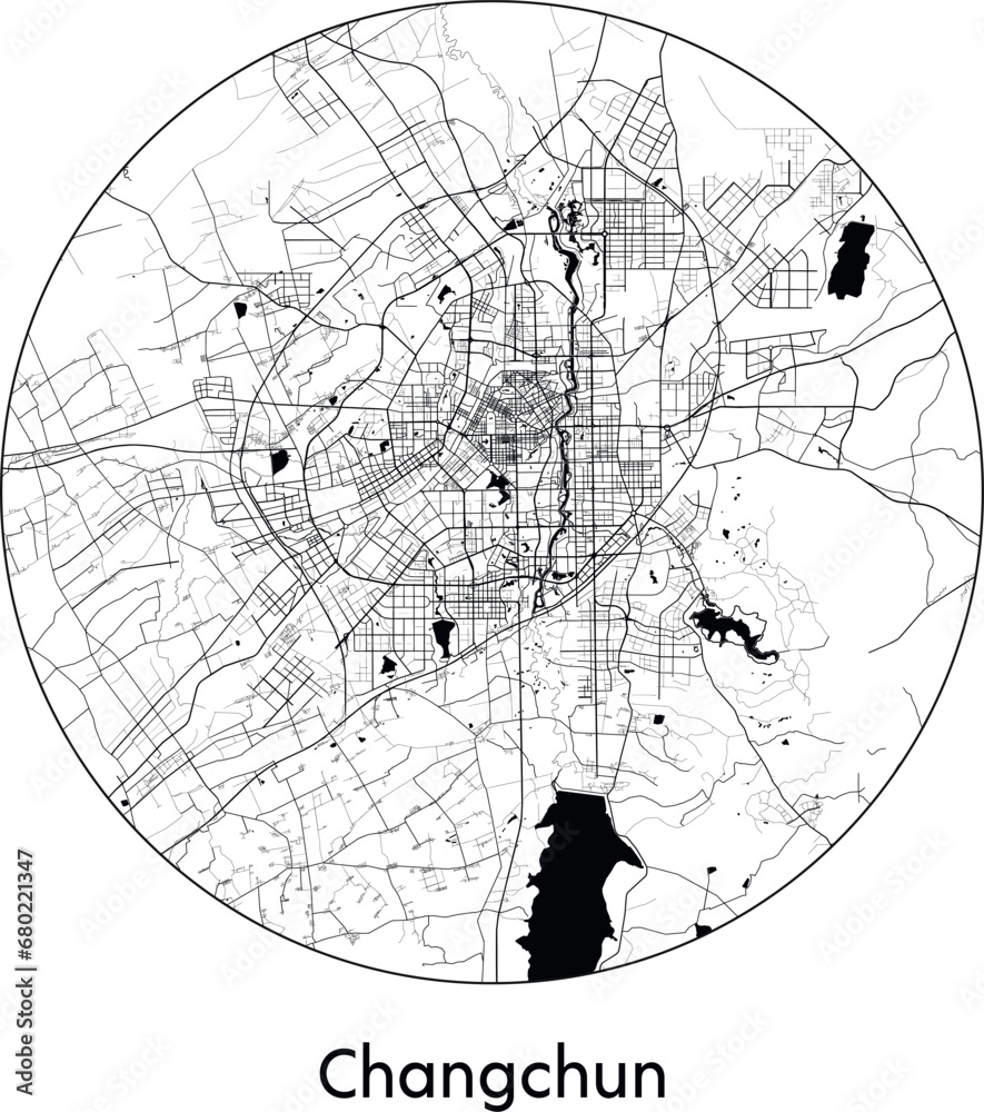 Minimal City Map of Changchun (China, Asia) black white vector illustration Minimal City Map of Changchun (China, Asia) black white vector illustration