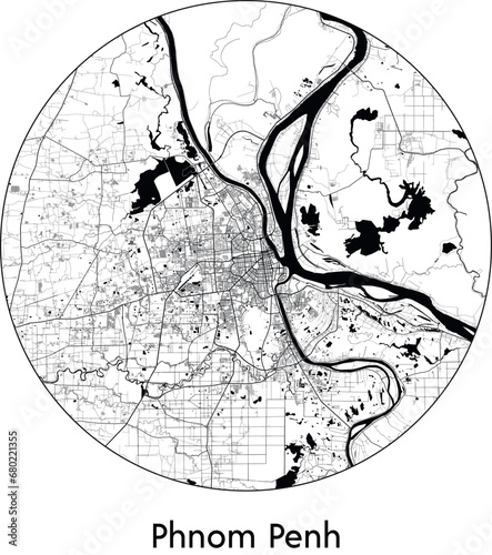 Minimal City Map of Phnom Penh (Cambodia, Asia) black white vector illustration