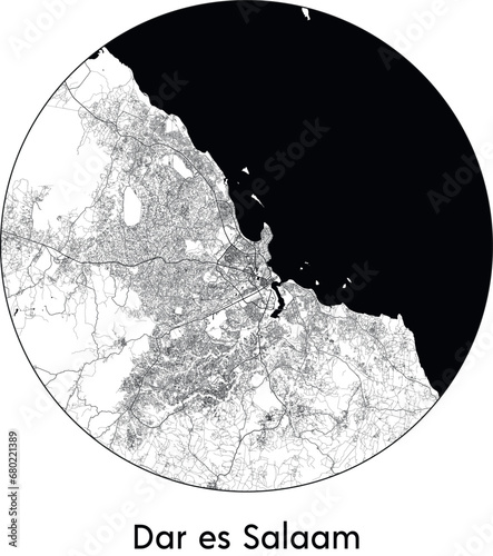 Minimal City Map of Dar es Salaam (Tanzania, Africa) black white vector illustration