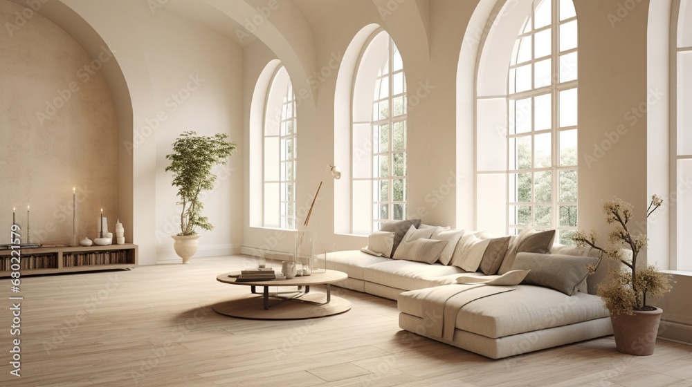 Picture a tranquil living room with a luxurious curved sofa nestled beneath an arched window, the beige walls creating a serene atmos for creative minds to explore minimalist interior design concepts.
