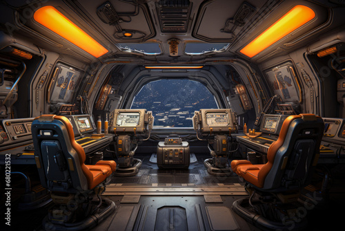 Pilot seat in the interior of a spaceship.