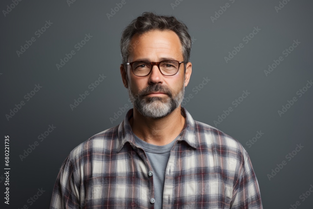 Portrait of a content man in his 50s wearing a comfy flannel shirt against a minimalist or empty room background. AI Generation Portrait of a content man in his 50s wearing a comfy flannel shirt against a minimalist or empty room background. AI Generation