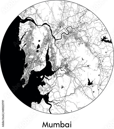 Minimal City Map of Mumbai (India, Asia) black white vector illustration