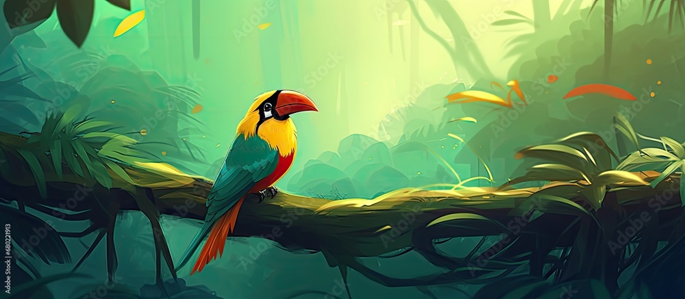 beautiful background of a lush green forest, a cute bird with colorful feathers perched on a tree branch, adding a vibrant touch to the natural beauty of the jungle, while its beak delicately picked