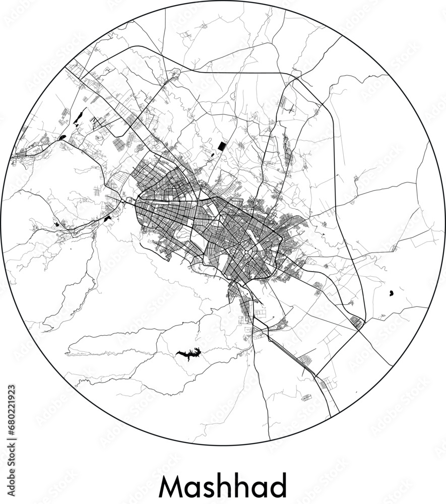 Minimal City Map of Mashhad (Iran, Asia) black white vector illustration