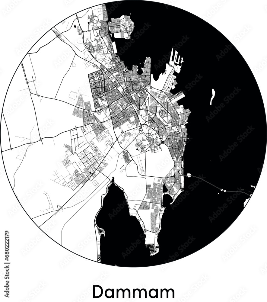 Minimal City Map of Dammam (Saudi Arabia, Asia) black white vector illustration