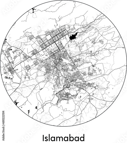Minimal City Map of Islamabad (Pakistan, Asia) black white vector illustration
