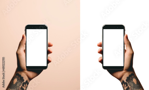 Mockup de mano agarrando un móvil. Pantalla vacía. Mockup. Fondo transparente. PNG. Aesthetic. Generado con IA.