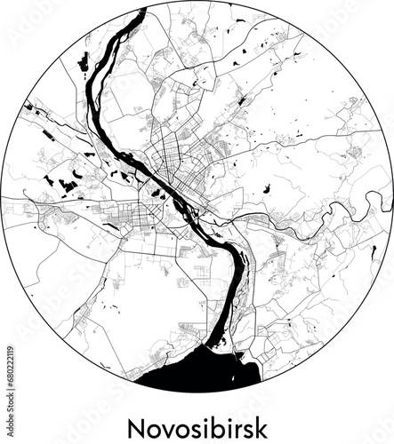 Minimal City Map of Novosibirsk (Russia, Asia) black white vector illustration