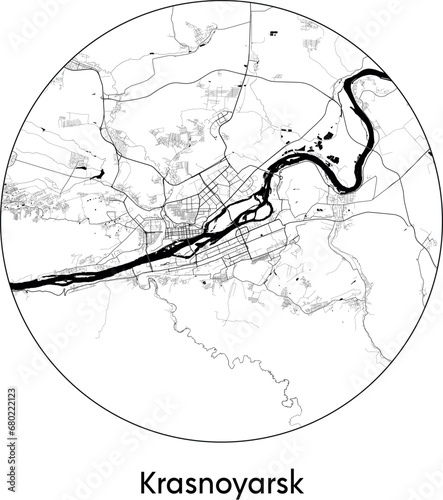 Minimal City Map of Krasnoyarsk (Russia, Asia) black white vector illustration