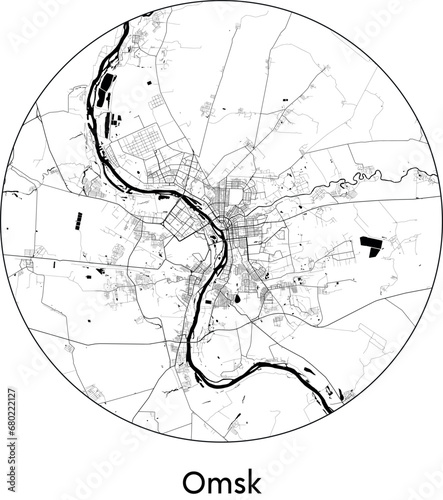 Minimal City Map of Omsk (Russia, Asia) black white vector illustration