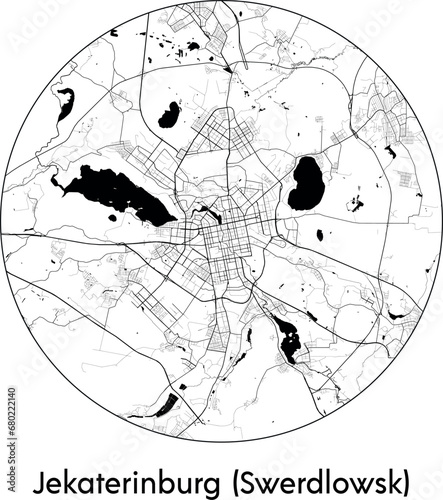 Minimal City Map of Jekaterinburg Swerdlowsk (Russia, Asia) black white vector illustration