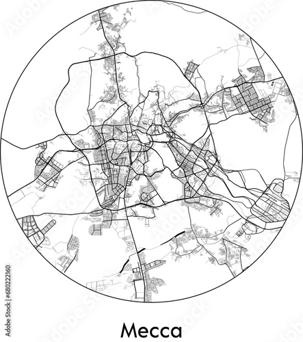 Minimal City Map of Mecca (Saudi Arabia, Asia) black white vector illustration
