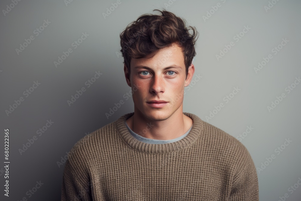Portrait of a glad man in his 20s dressed in a warm wool sweater against a minimalist or empty room background. AI Generation Portrait of a glad man in his 20s dressed in a warm wool sweater against a minimalist or empty room background. AI Generation