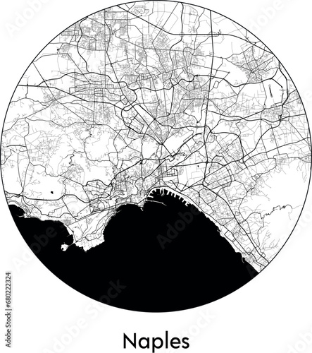 Minimal City Map of Naples (Italy, Europe) black white vector illustration