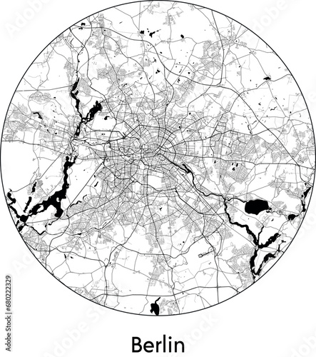 Minimal City Map of Berlin (Germany, Europe) black white vector illustration