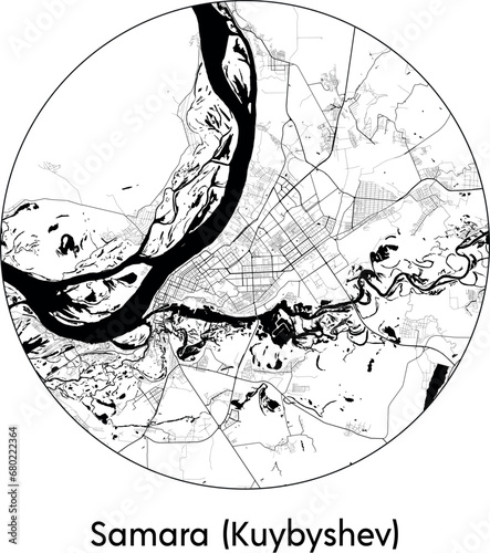Minimal City Map of Samara (Russia, Europe) black white vector illustration