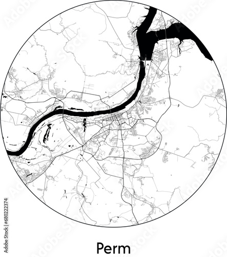 Minimal City Map of Perm (Russia, Europe) black white vector illustration