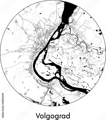 Minimal City Map of Volgograd (Russia, Europe) black white vector illustration
