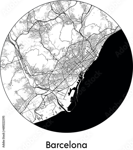 Minimal City Map of Barcelona (Spain, Europe) black white vector illustration