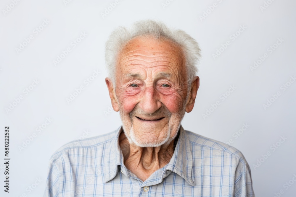 Portrait of a smiling elderly 100 years old man dressed in a casual t-shirt against a minimalist or empty room background. AI Generation Portrait of a smiling elderly 100 years old man dressed in a casual t-shirt against a minimalist or empty room background. AI Generation