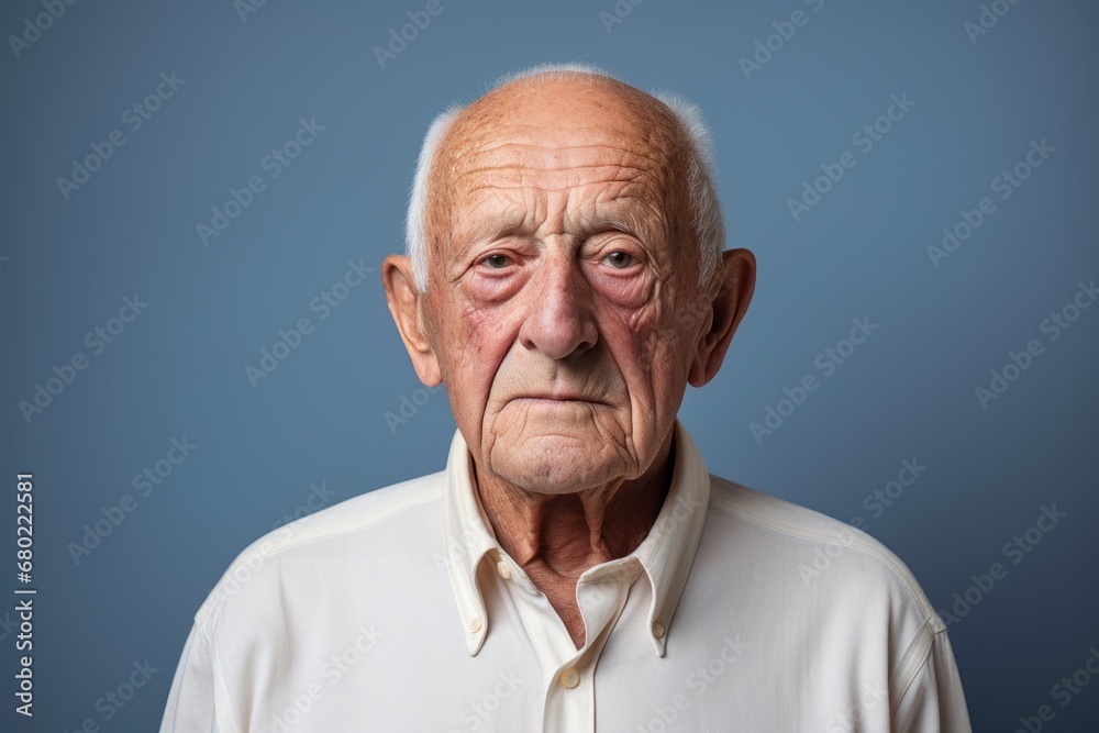 Obraz premium Portrait of a content elderly man in his 90s wearing a simple cotton shirt against a minimalist or empty room background. AI Generation