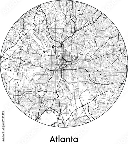 Minimal City Map of Atlanta (United States, North America) black white vector illustration