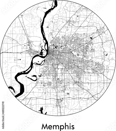 Minimal City Map of Memphis (United States, North America) black white vector illustration