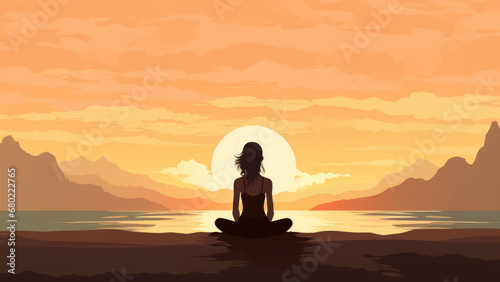 Woman meditating at sunset in front of the ocean