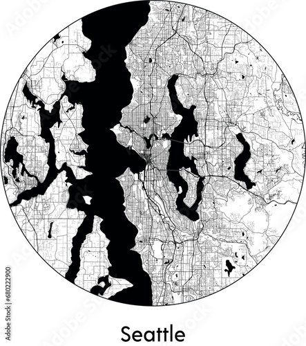 Minimal City Map of Seattle (United States, North America) black white vector illustration