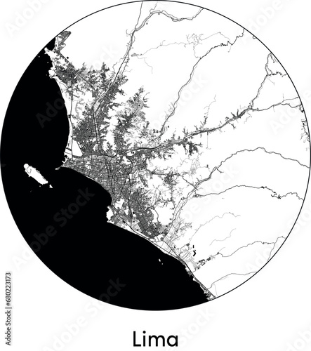 Minimal City Map of Lima (Peru, South America) black white vector illustration