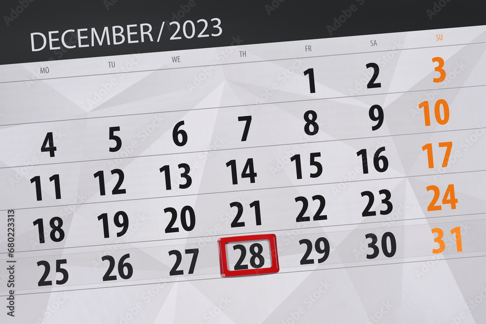 Obraz premium Calendar 2023, deadline, day, month, page, organizer, date, December, thursday, number 28