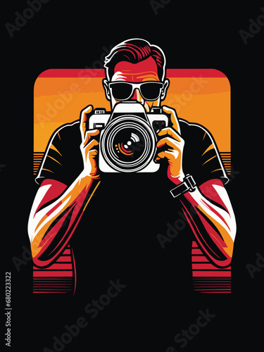 photographer with camera _ photographer in action _ person with a camera _ retro vintage t-shirt design _ black t-shirt design _ vector illustration 