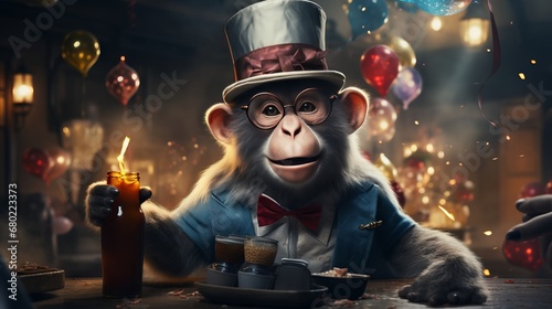 Monkey with party hat at a party. Made with Generative AI. © Paul