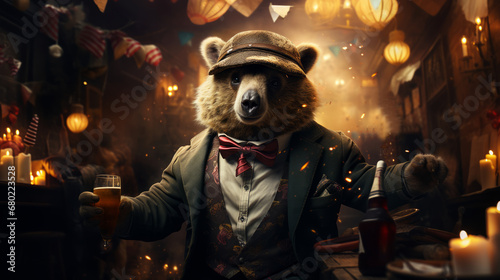 Formal dressed bear celebrating at a party. Made with Generative AI. 