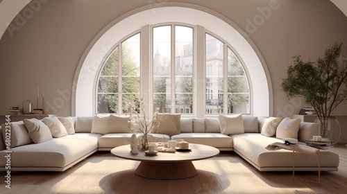 Visualize a contemporary living area featuring a comfortable curved sofa elegantly placed beneath an arched window. The beige walls create a soothing ambiance © Tae-Wan
