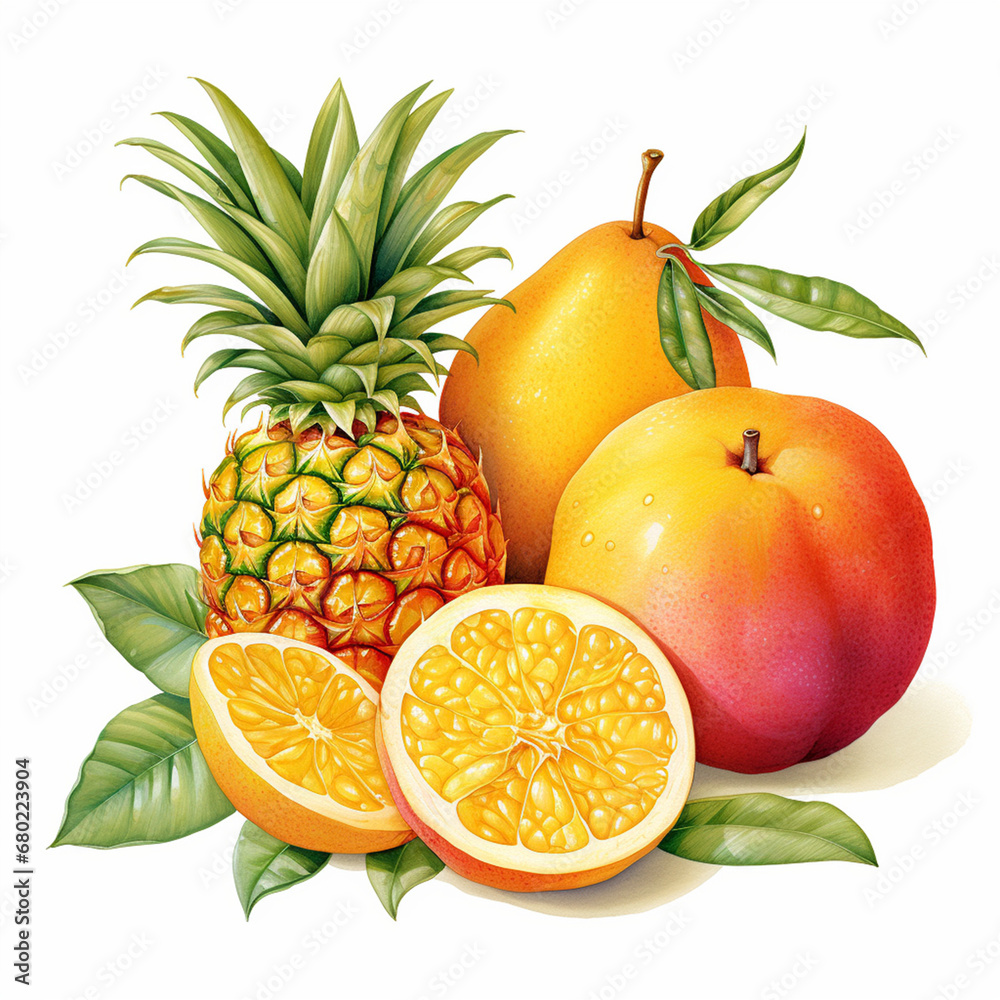 highly detailed illustrations of tropical fruits such as mangoes, pineapples, and passion fruit created with Generative Ai highly detailed illustrations of tropical fruits such as mangoes, pineapples, and passion fruit created with Generative Ai