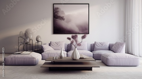 A minimalist living room in soft lavender gray, featuring sleek furniture and subtle textures. The room is a blend of modernity and comfort, offering a cozy space for relaxation. © Tae-Wan