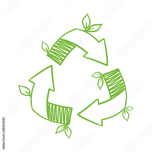 A recycling symbol, hand-drawn in a doodle style. The concept of saving the planet and energy.