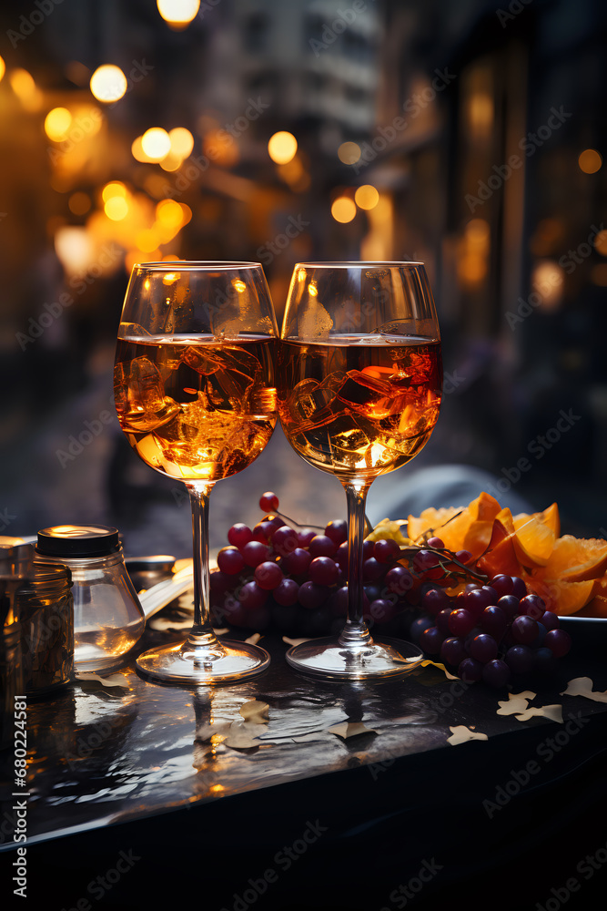 romantic shot of two glasses of wine, sunset, bokeh, grapes, dusk, date, copy space