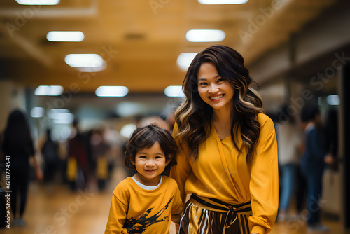 Asian mother and daughter shopping, mother and daughter in the same yellow clothes in the shopping center photo