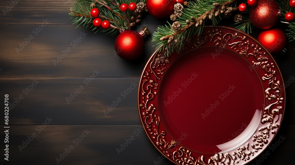 Christmas table with red plate, candles and fir branches. Concept: festive New Year's feast atmosphere. Table setting. Banner with copy space