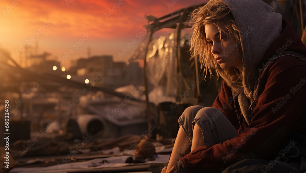 Fototapeta premium A young woman with blond hair in a hood looks into the distance, sitting in a desolate urban environment at sunset.