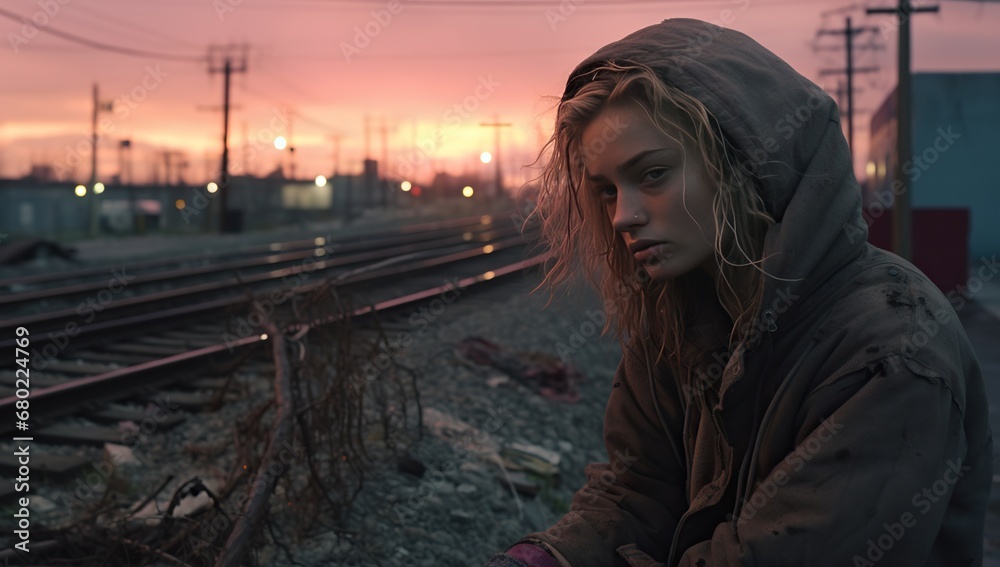 A contemplative young woman in a hood sits by railway tracks against a sunset sky. A contemplative young woman in a hood sits by railway tracks against a sunset sky.
