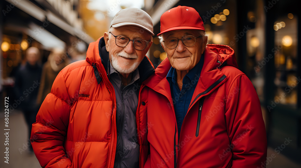 two fashionable older men in bright clothes, gay grandfathers in bright clothes looking young two fashionable older men in bright clothes, gay grandfathers in bright clothes looking young