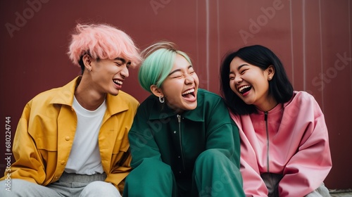 Young people with dyed hair in bright clothes happily smiling and laughing while sitting on the street.