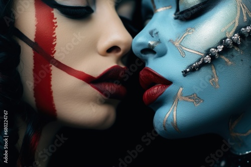 Two women with artistic face makeup.