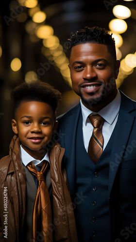 black father and son-schoolboy in formal clothes against the backdrop of the night city