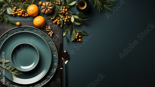 Christmas table with a dark blue plate, candles and fir branches. Concept: festive New Year's feast atmosphere. Table setting. Banner with copy space